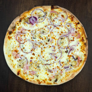 Čerstvá pizza Fiorentina z kvalitních surovin: italské těsto, smetana, mozarella, slanina, žampiony, cibule. | Pizza NuPoo Malešice