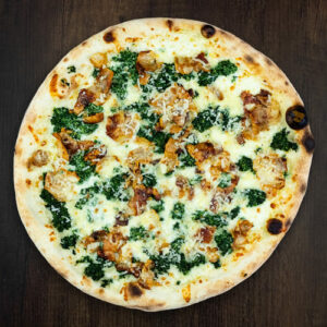 Čerstvá pizza Pollo Spinachi z kvalitních surovin: italské těsto, smetana, mozarella, kuřecí maso, špenát, parmezán. | Pizza NuPoo Malešice